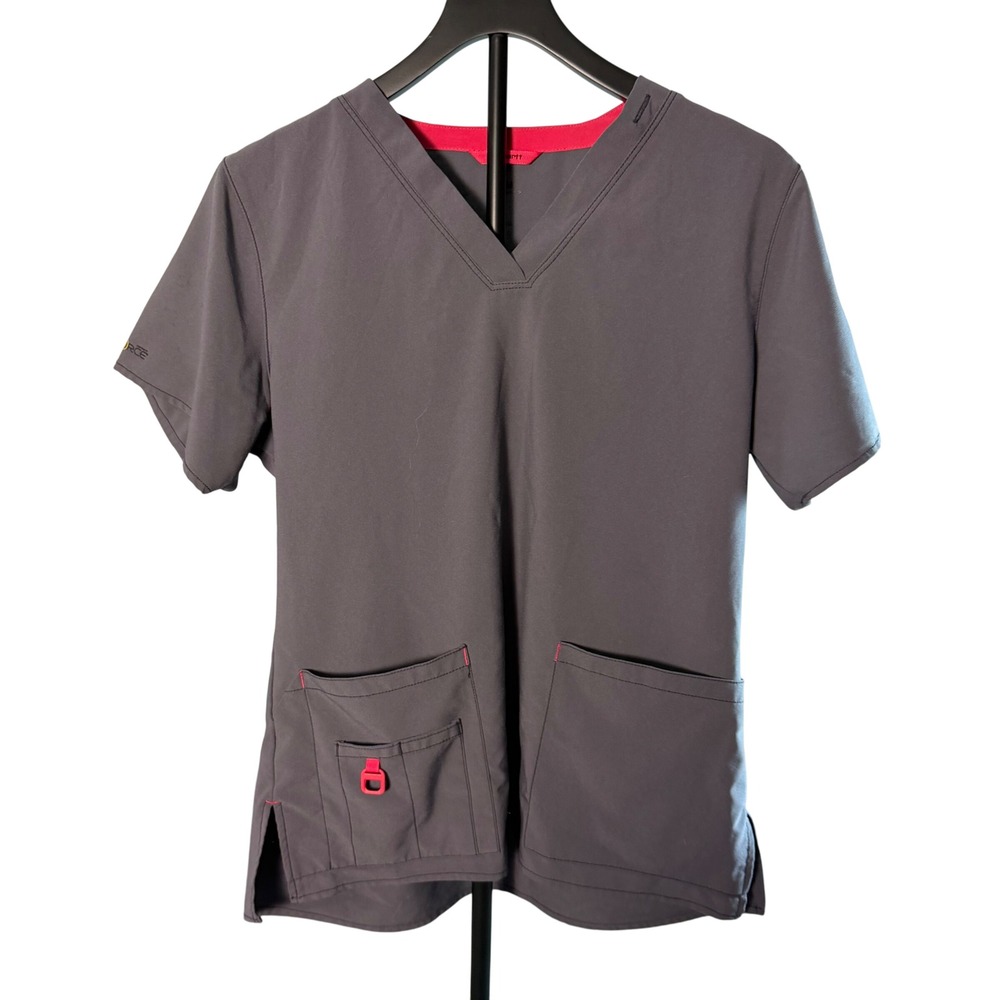 Carhartt Force Cross-Flex Womens Scrub‎ Top V-Neck Gray Pink Accents Size Medium